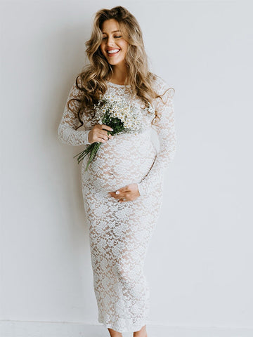 White Lace Sheer Bodycon Elegant Cocktail Party Maternity Baby Shower Maxi Dress Maternity
